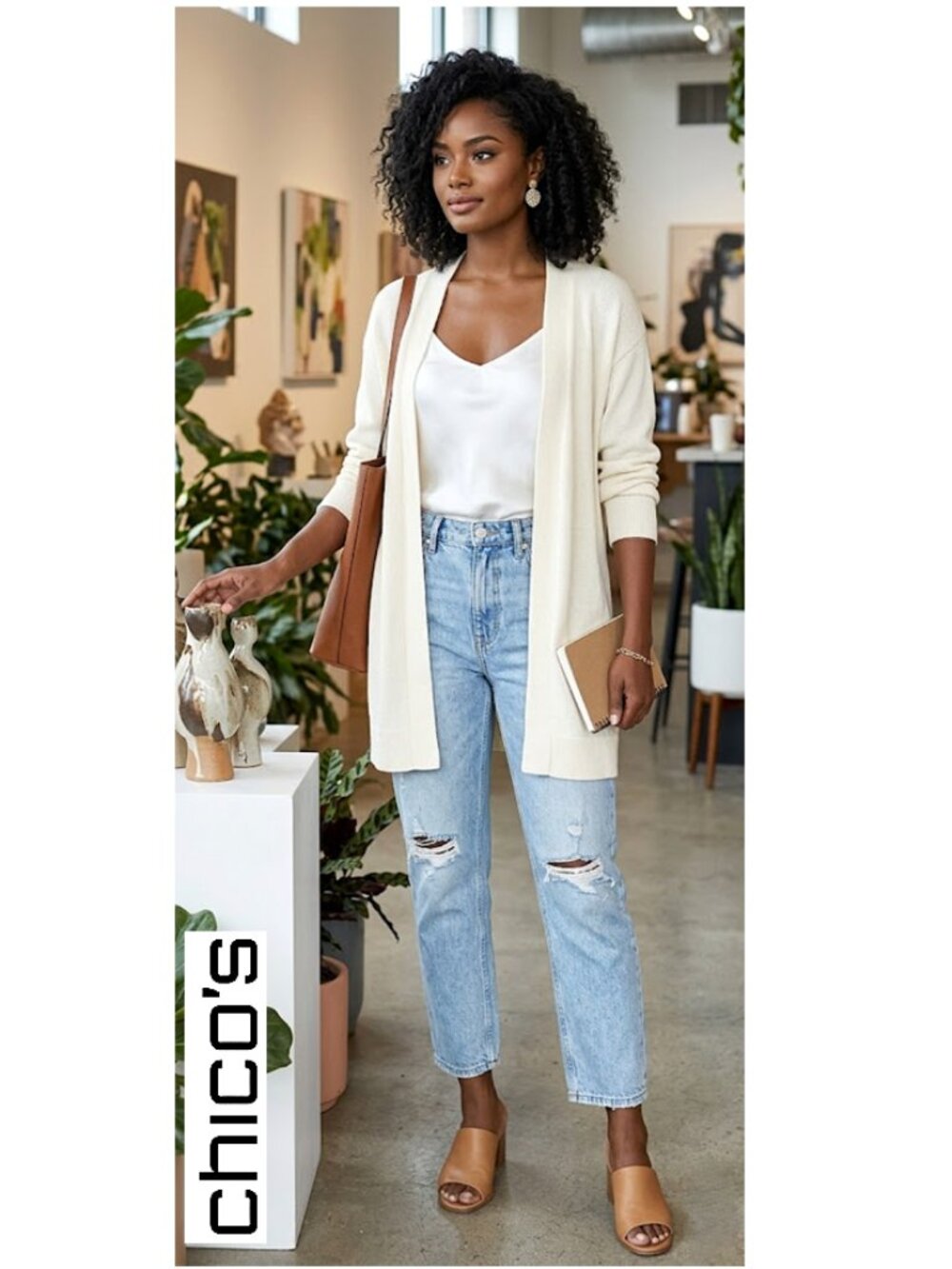 CHICO's - Long open knit cotton blend cream cardigan